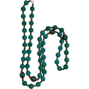 Vintage Etched Turquoise w/ Bronze & Red Coral Chips